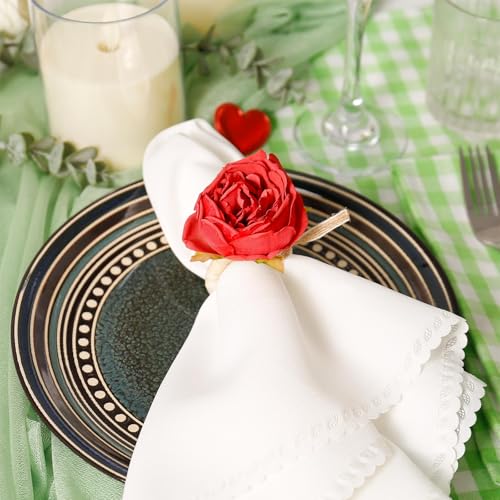 Red Handmade Flower Napkin Rings Set of 6 with Jute Bow for Summer Wedding Party