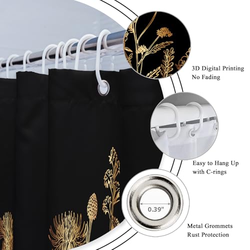 Riyidecor Floral Shower Curtain - Narrow 48"W x 72"L Black & Gold Botanical