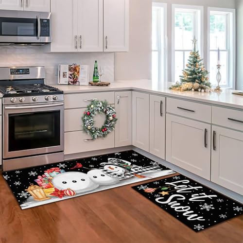 Black Let It Snow Christmas Kitchen Rug Set - 2 Piece Winter Decor