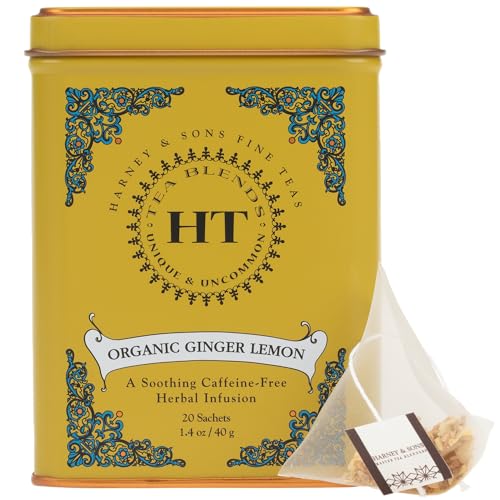 Harney & Sons Organic Ginger Lemon Herbal Tea, 20 Pyramid Sachets in Tin