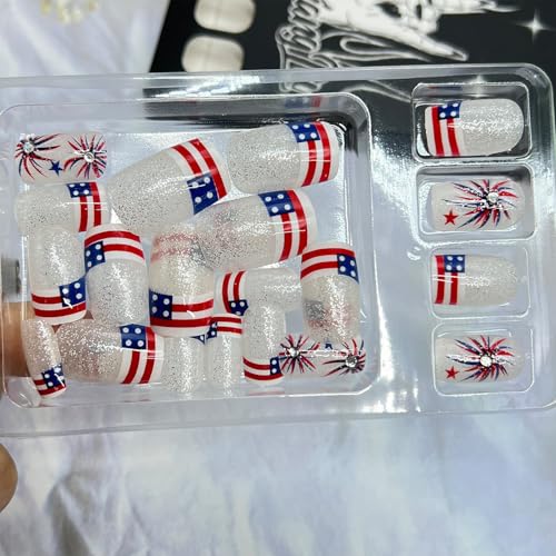 4th of July Press on Nails Medium Square Patriotic False Nails with Firework Rhinestones