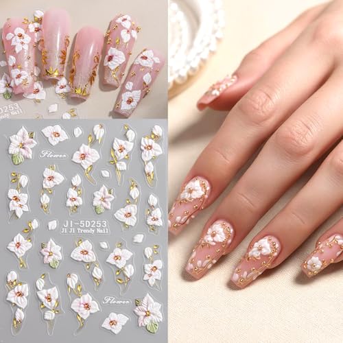 5D Embossed Flower Nail Stickers - Pink & White Floral Decals (4 Sheets)