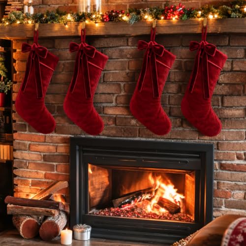 Christmas Velvet Stockings Set - 18 Inch Burgundy Red Holiday Decorations