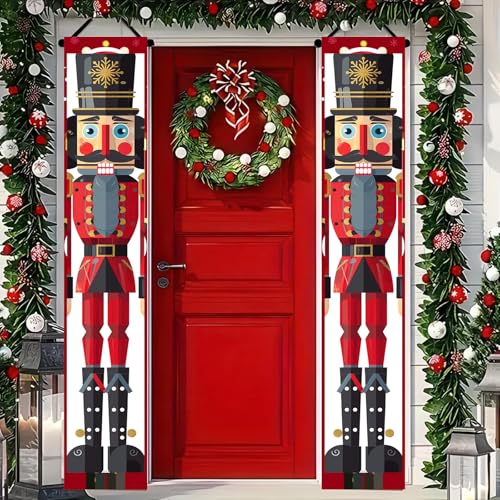 Outdoor Christmas Nutcracker Banner for Porch - Wide Soldier Style 30x71 Inch Red & Black Holiday Door Decor