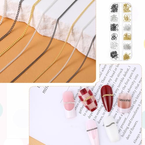 Metal Nail Art Chains 12 Pcs 3D Gold Silver Gray Nail Charms with Box