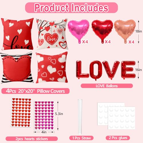 Valentine's Day Throw Pillow Covers 20x20 Set of 4 with Decor Kit