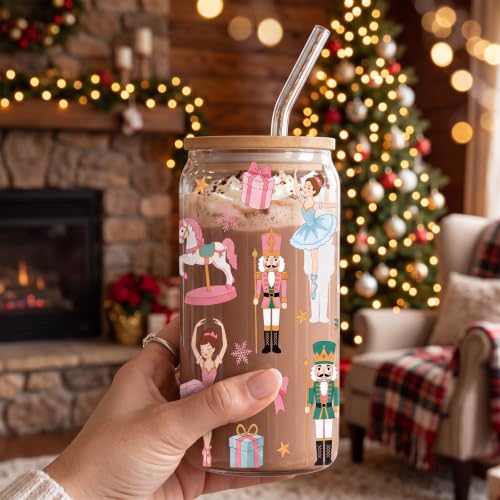Nutcracker Christmas Glass Cup with Lid and Straw - Holiday Gift - Variation of Nutcracker 367
