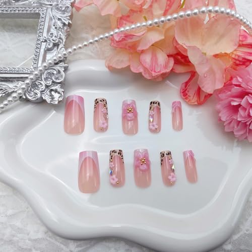 Pink Flower Press on Nails Long Square False Nails 3D Rhinestone