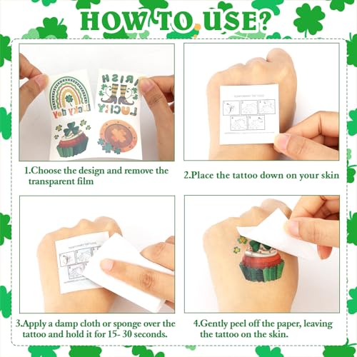 Konsait St. Patrick's Day Temporary Tattoos, 96 Pcs Irish Shamrock Designs