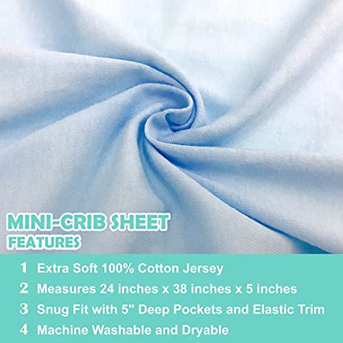 Blue Fitted Mini Crib Sheets - 2 Pack, 100% Cotton, 38x24"