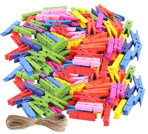 Mixed 100pcs Mini Wooden Clothespins with 33ft Jute Twine for Photos & Crafts - Small Clothes Pins