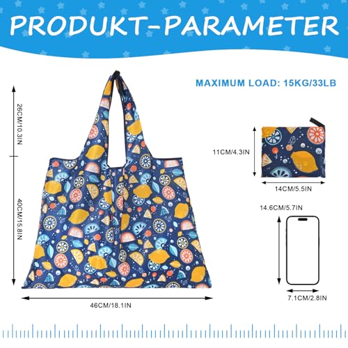 Foldable Reusable Shopping Bags with Fruit Patterns - Travel & Grocery Totes, Pack of 4