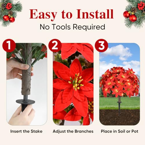 2PCS Christmas Poinsettia Ground Stake with LED Lights - Red Poinsettia With Lights