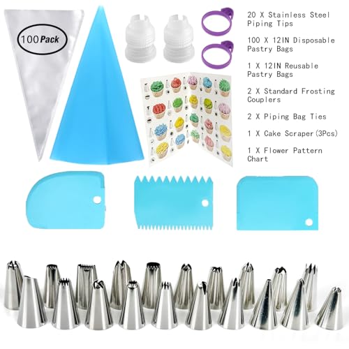 GEMLON 12-Inch Piping Bags and Tips Set - 100-Piece Cake Decorating Kit