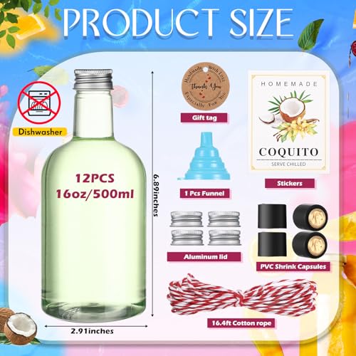Black 16oz Plastic Coquito Bottles Set with Caps and Labels - 12 Pack