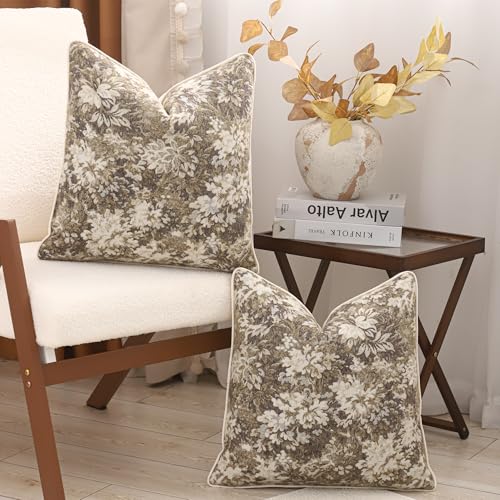 Beige Floral Throw Pillow Covers 18x18 Inches, Pack of 2
