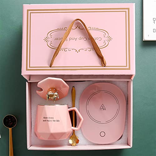 Desk Coffee Warmer with Mug Set - Electric Beverage Heat Plate for Tea Cocoa Milk Pink