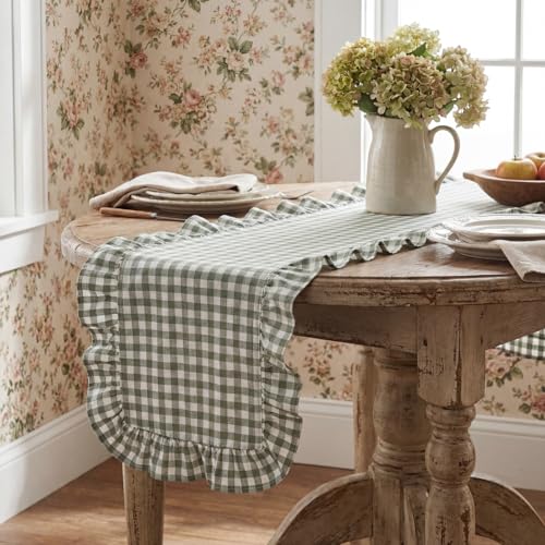 Green Gingham Cotton Ruffle Table Runner for 4-6 People - 12x71 Inches, Plaid / Olive Green