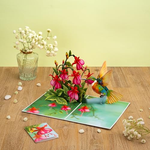 POPWOW Hummingbird 3D Pop Up Card with Fuchsia Flowers - 5x7 Inch