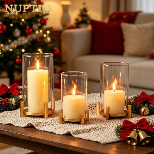 Gold Pillar Candle Holders Set of 3 - Hurricane Glass Candle Stands with Sleeve