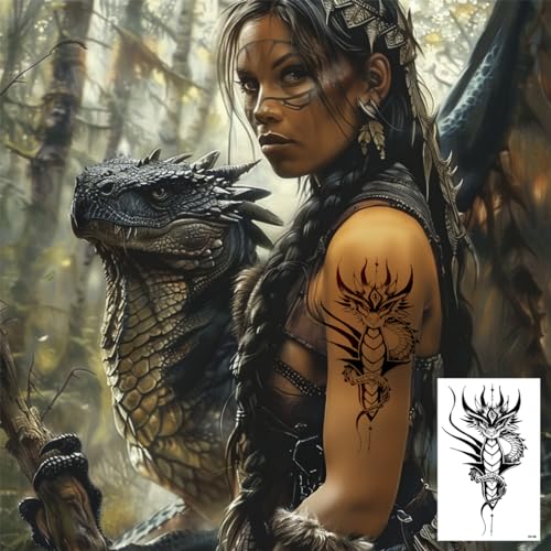 AWLEE Tribal Dragon Temporary Tattoos - 10 Sheets Realistic Waterproof Fake Body Art for Men & Women