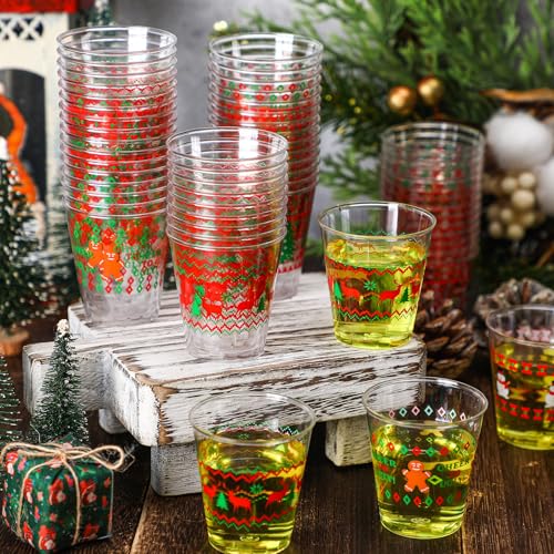 24 Pcs Christmas Shot Glasses Set - Disposable Plastic Cups with Holiday Designs