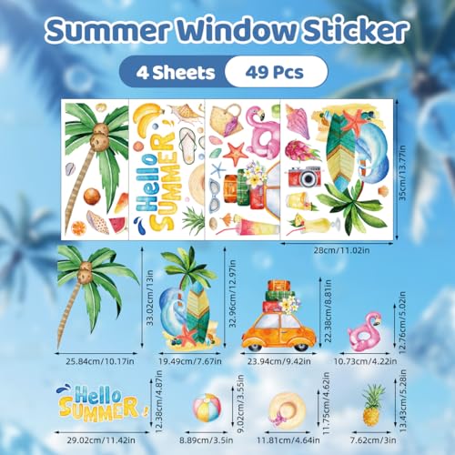 Hianjoo Summer Window Clings - 4 Large Double-Sided Tropical Stickers
