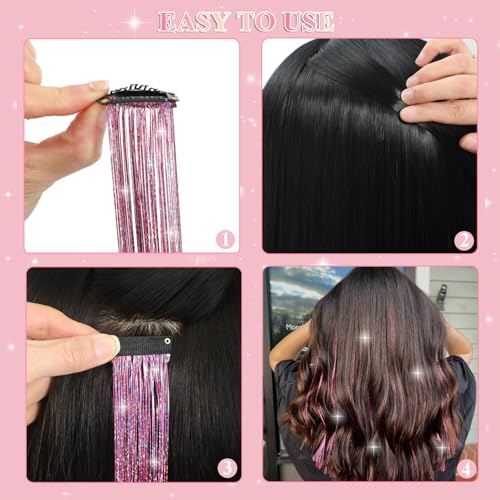 USHUIUS Clip-In Hair Tinsel 18 Pcs 20 Inch Heat-Resistant Pink Glitter Fairy Hair Extensions