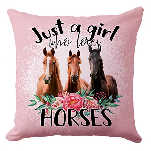 PreLiving Just A Girl Who Loves Horses Pink Pillow Cover 18x18 Inches – Farmhouse Animal Decor for Girls & Women