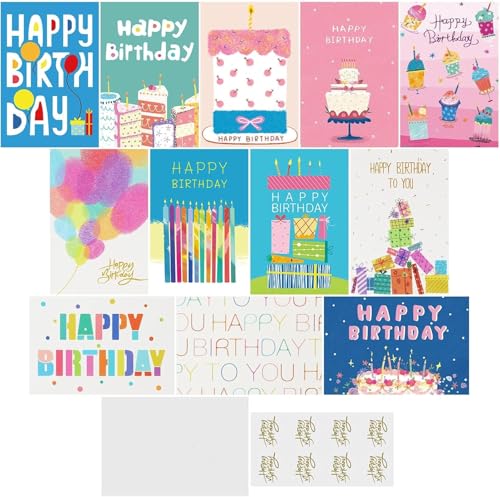 12 Colorful Happy Birthday Cards with Envelopes & Stickers