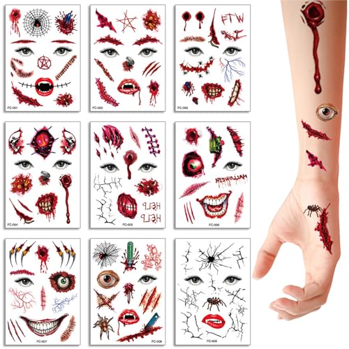 Halloween Temporary Tattoos 9PCS - 3D Bloody Scars & Fake Wounds