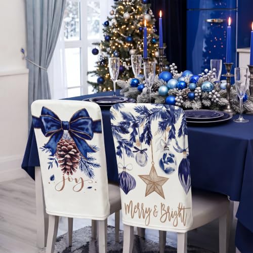 Blue Christmas Chair Cover Set for Dining Room and Kitchen - 6 Pieces