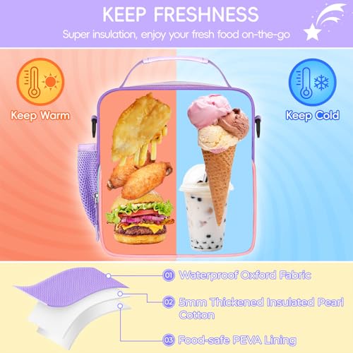 Insulated Kids Lunch Bag with Bow Patch - Pink Purple School Lunch Box