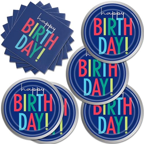 Blue Birthday Party Plates Napkins Set - 40 Pcs Navy Blue Disposable Tableware for Celebrations