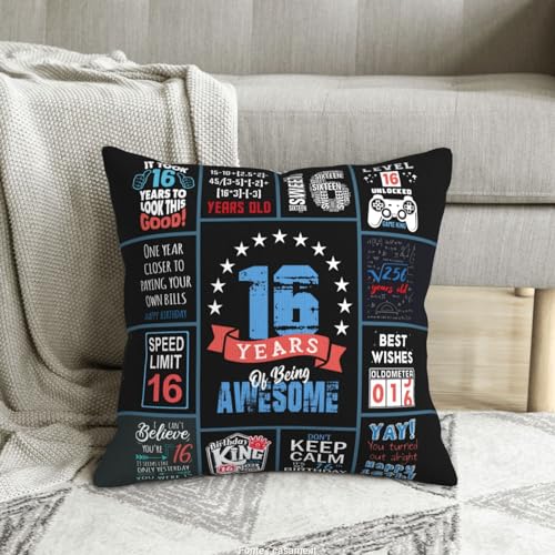 16th Birthday Gift for Boys Throw Pillow Cover, 18x18 Inch Blue Design