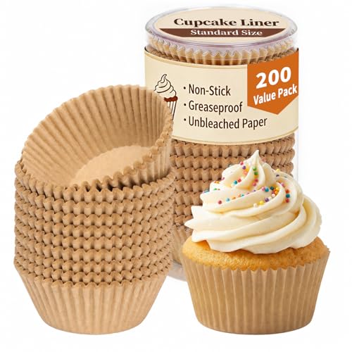 KORCCI Unbleached Parchment Cupcake Liners 200 Pack Non-Stick Muffin Cups