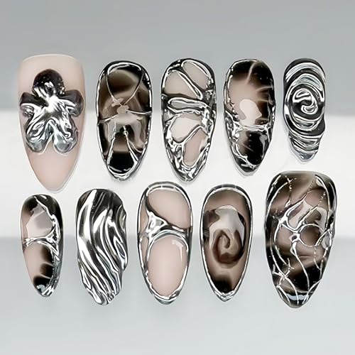 Silver Chrome Press on Nails Medium Almond Gilded Flower Acrylic Fake Nails