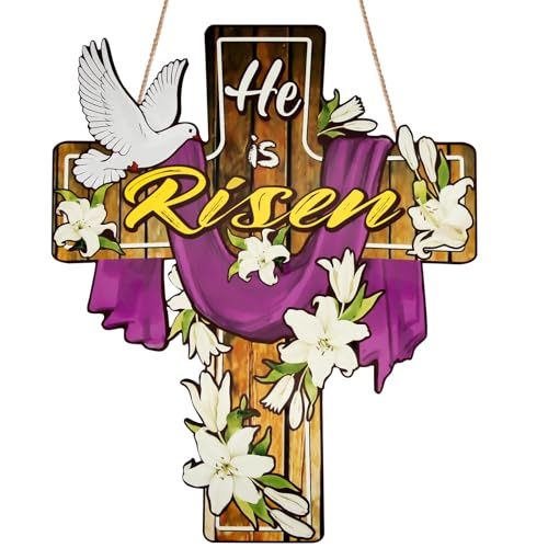 He Is Risen Wooden Easter Door Sign with Flowers & Doves