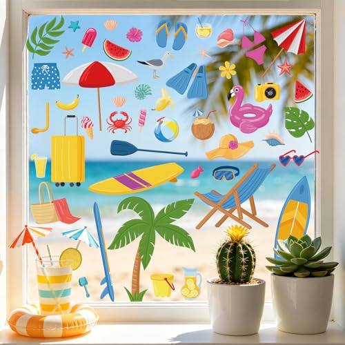 Summer Window Clings, 50 Pcs Beach Glass Stickers Decals