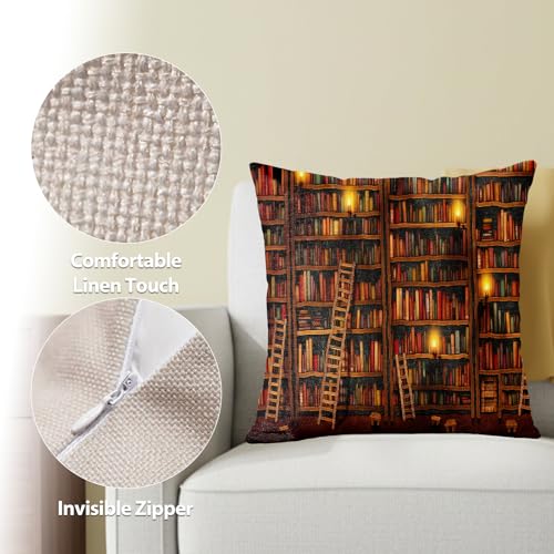 18x18 Inch Linen Throw Pillow Covers Set - Vintage Library Design