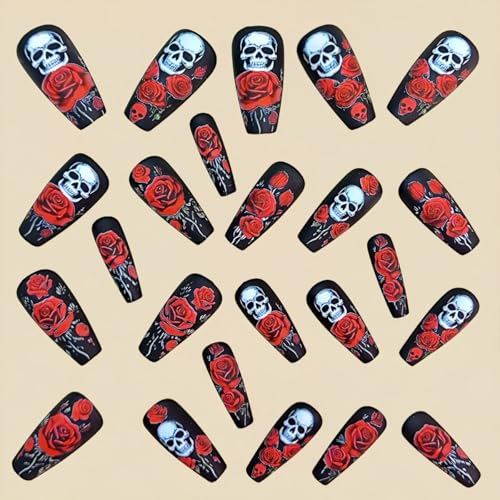 Black Coffin Press on Nails with Red Rose Skull Halloween Design