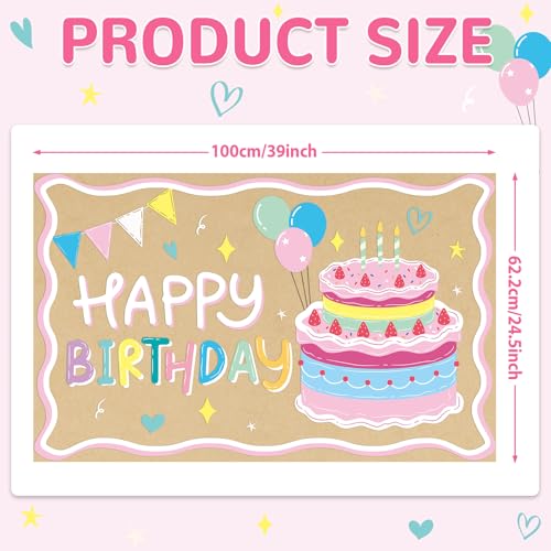 Happy Birthday Kraft Paper Banner - Colorful Cake Backdrop 39x25"