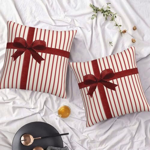Red Bow Throw Pillow Covers 18x18 Inch Set of 2 - Holiday Ribbon Design, Xmas Decorative Cushion Cases