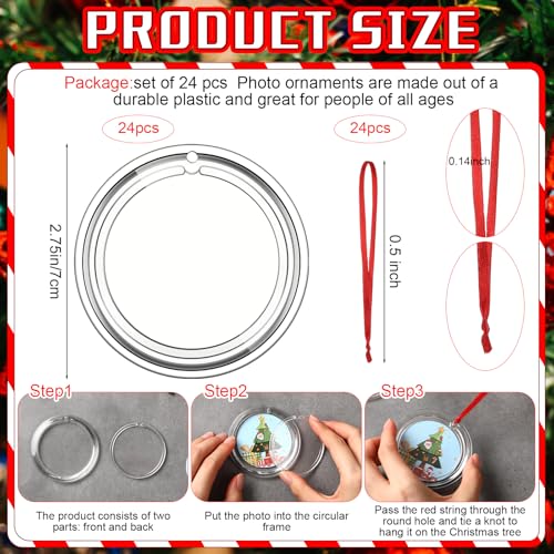 Christmas Photo Ornaments Set - 24 Clear Round Decorations 2.75 Inch with String