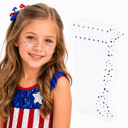 Artlunar 8Pcs 4th of July Face Tattoos - Red White Blue Star Freckle Stickers