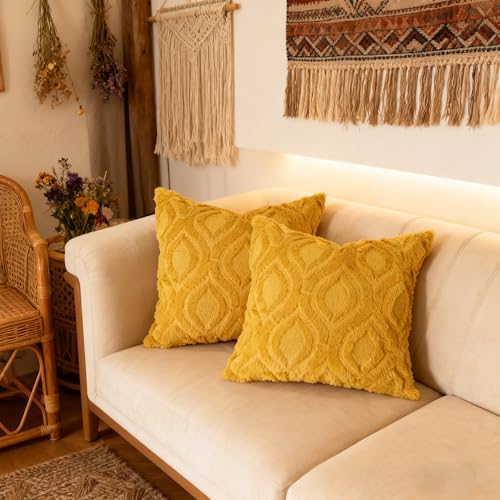 Pack of 2 Mustard Yellow Faux Fur Throw Pillow Covers 18x18