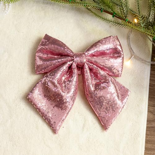 Pink Sequin Bow Tree Topper - 12x10 Inch Christmas Decorations