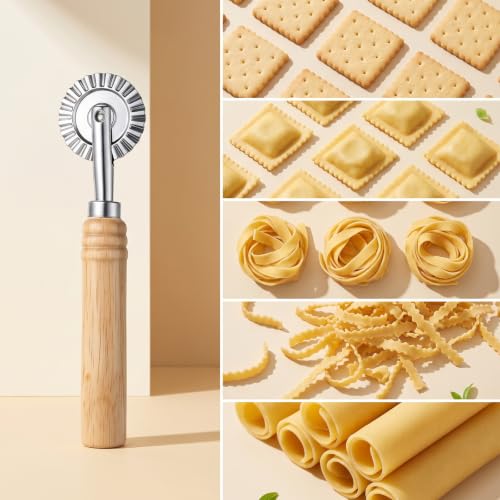 Fluted Pastry Wheel Cutter - 6.3 Inch Metal Dough Cutter with Oak Handle