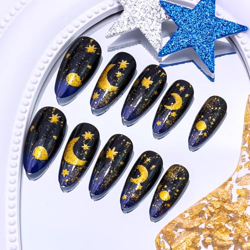 KTAABTR Gold Star Moon Long Almond Press on Nails Acrylic Fake Nails