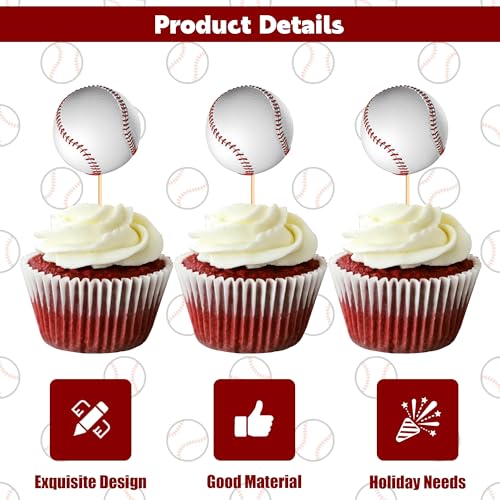Baseball Cupcake Toppers - 24-Pack White Baseball Decorations